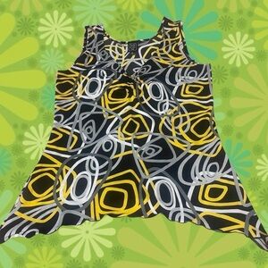 Vintage Y2K Black & Yellow Abstract V-Neck Wavy Hem Tank Top